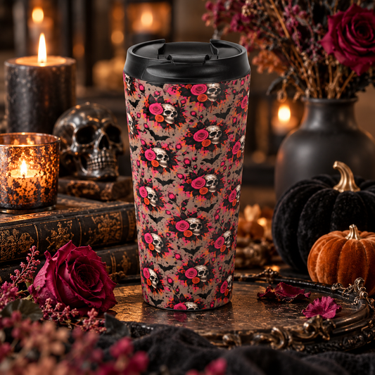 Deadly Blooms 15oz Stainless-Steel Coffee Mug | Gothic Skull & Rose Travel Mug by Subbin4Sanity