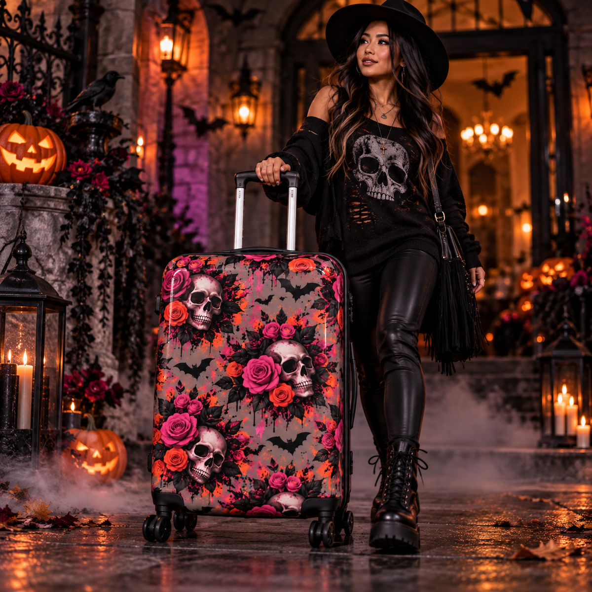 Deadly Blooms Suitcase | Skull & Rose Halloween Luggage by Subbin4Sanity