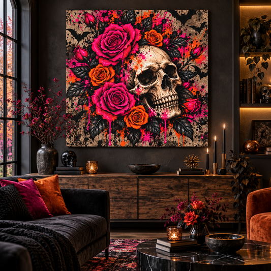 Deadly Blooms Halloween Canvas | Gothic Skull & Rose Wall Art by Subbin4Sanity