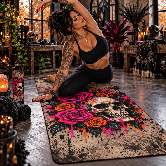 Deadly Blooms Rubber Yoga Mat | Gothic Floral Skull Workout Mat by Subbin4Sanity