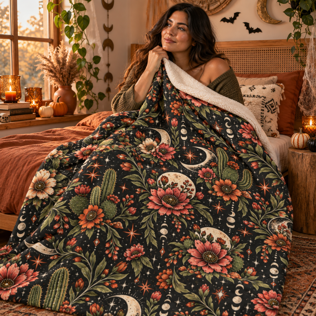 Desert Eclipse Sherpa Fleece Blanket | Celestial Boho Halloween Throw by Subbin4Sanity