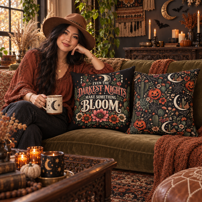 Even The Darkest Nights Make Something Bloom + Crescent Blooms Double-Sided Pillowcase & Insert | Celestial Boho Halloween Decor by Subbin4Sanity