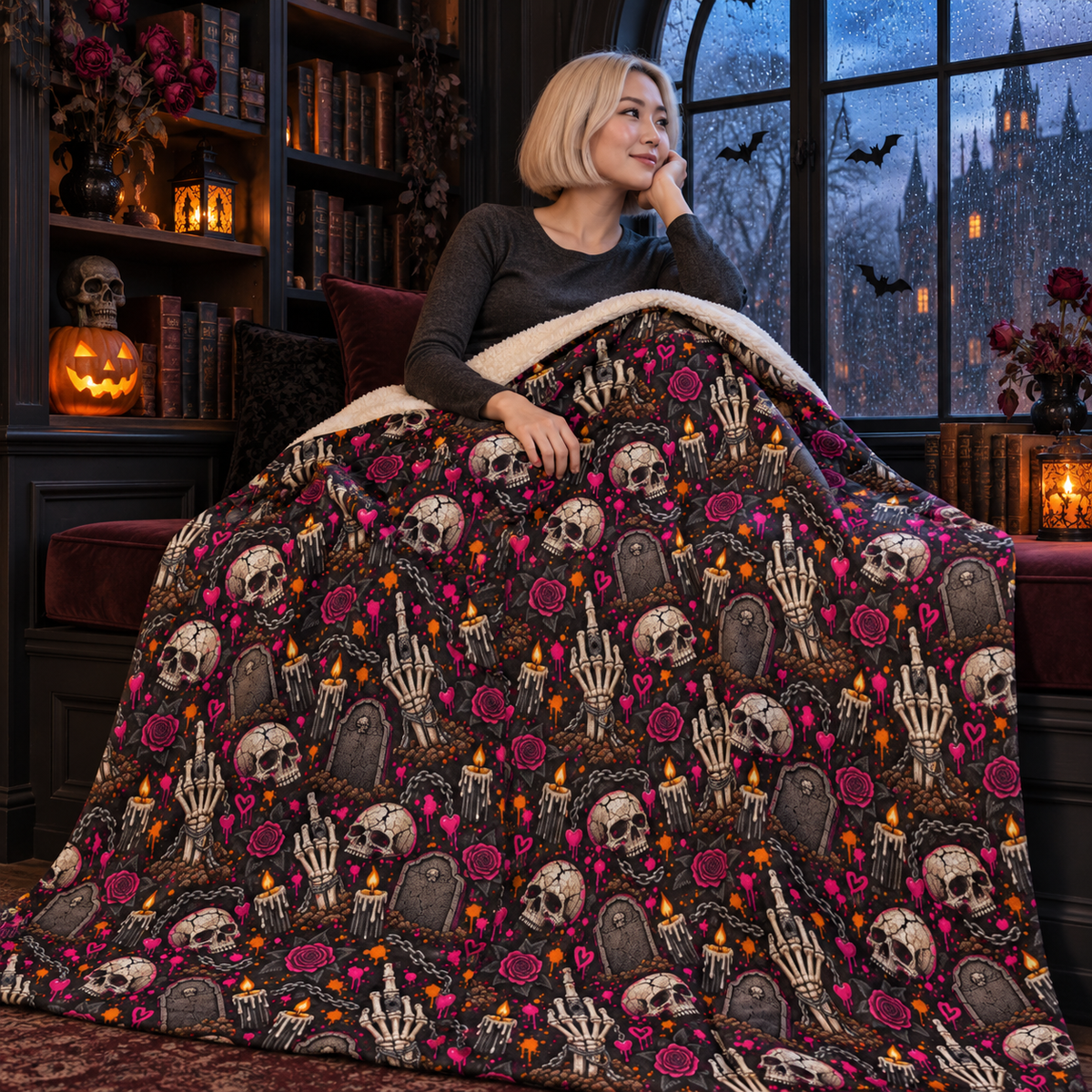 Dirt & Defiance Sherpa Fleece Blanket | Gothic Skull & Graveyard Throw by Subbin4Sanity
