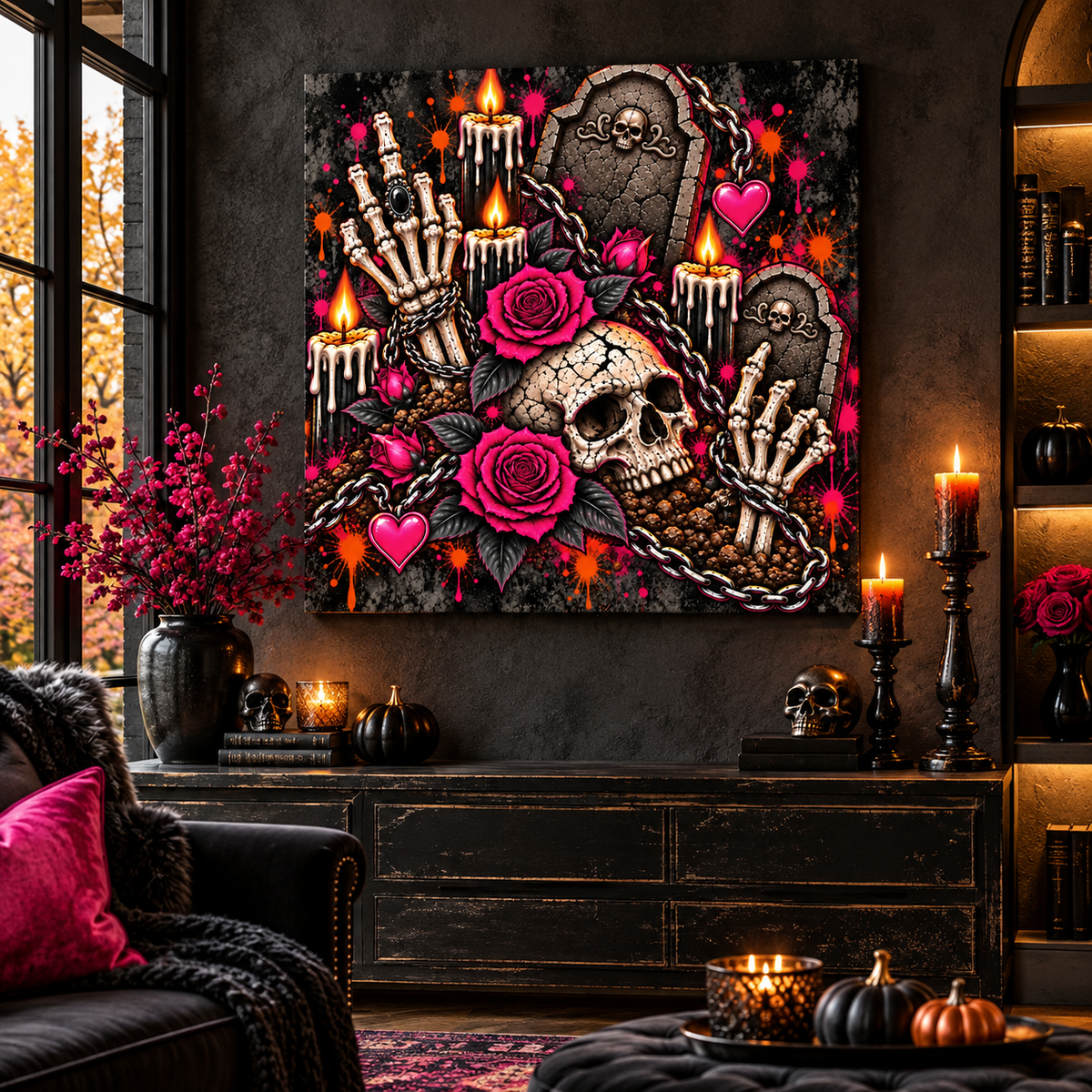 Dirt & Defiance Halloween Canvas | Gothic Skull, Gravestone & Rose Wall Art by Subbin4Sanity