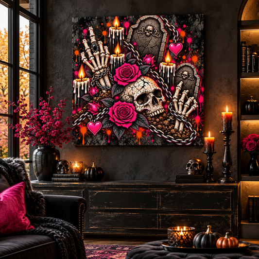 Dirt & Defiance Halloween Canvas | Gothic Skull, Gravestone & Rose Wall Art by Subbin4Sanity