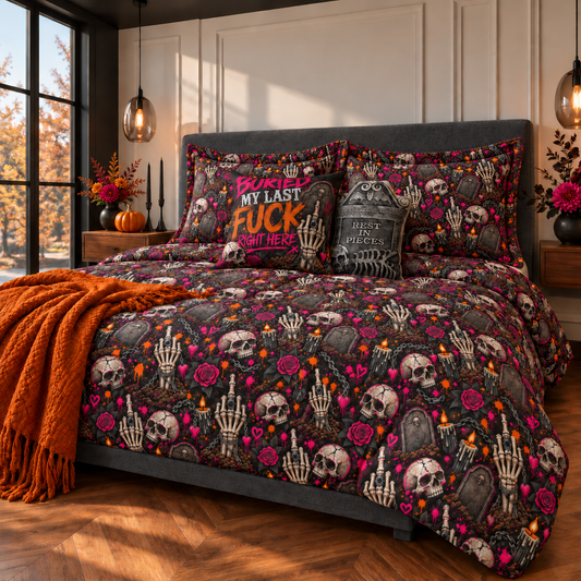 Dirt & Defiance Comforter | Gothic Halloween Bedding with Skulls, Tombstones & Roses by Subbin4Sanity
