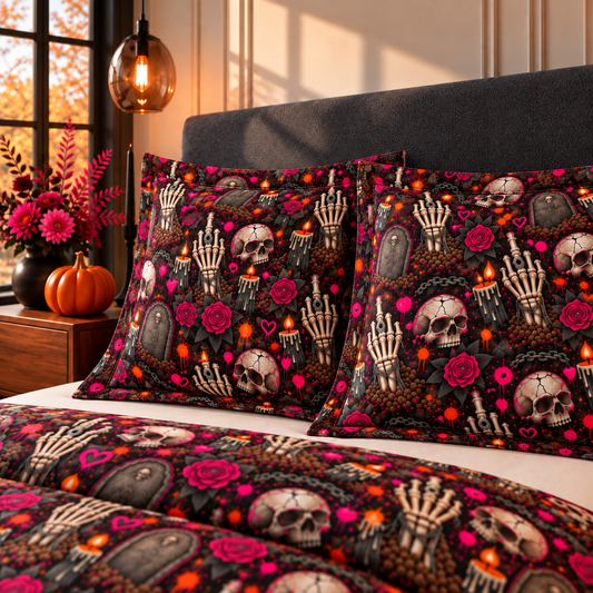 Dirt & Defiance Pillow Sham | Gothic Halloween Bedding with Skulls, Tombstones & Roses by Subbin4Sanity