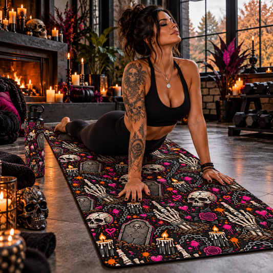 Dirt & Defiance Pattern Rubber Yoga Mat | Gothic Skull & Coffin Workout Mat by Subbin4Sanity