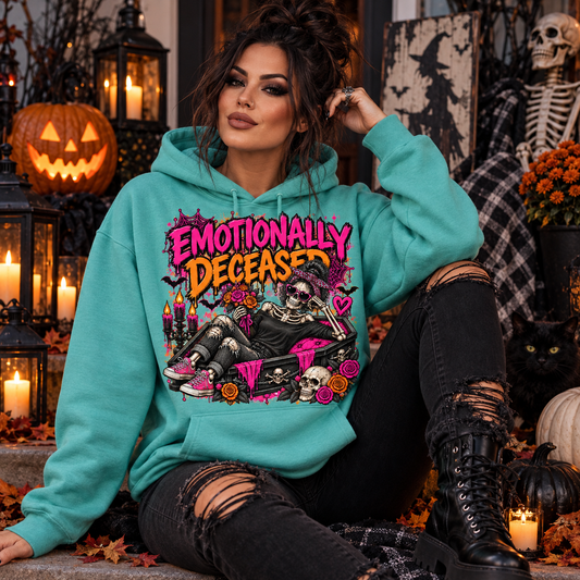 Emotionally Deceased | Funny Halloween Graphic Hoodie | Sarcastic Spooky Pullover by Subbin4Sanity
