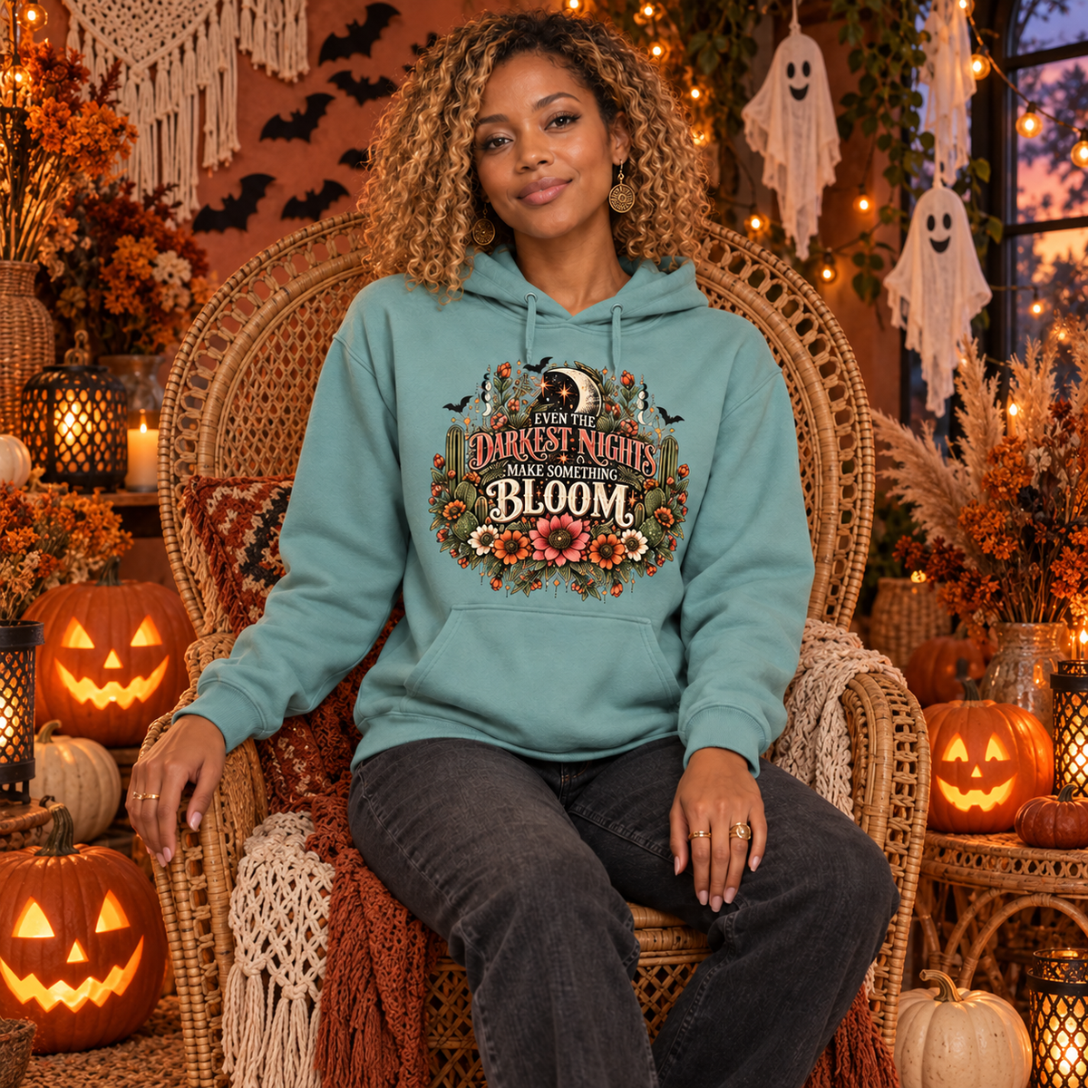 Even The Darkest Nights Make Something Bloom Hoodie | Boho Halloween Pullover by Subbin4Sanity