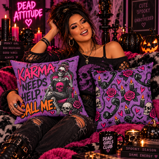 If Karma Needs Help, Call Me + Karma’s Calling Double-Sided Pillowcase & Insert | Gothic Halloween Decor by Subbin4Sanity