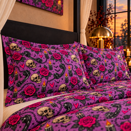 Karma’s Calling Pillow Sham | Gothic Halloween Bedding with Skulls, Phones & Roses by Subbin4Sanity