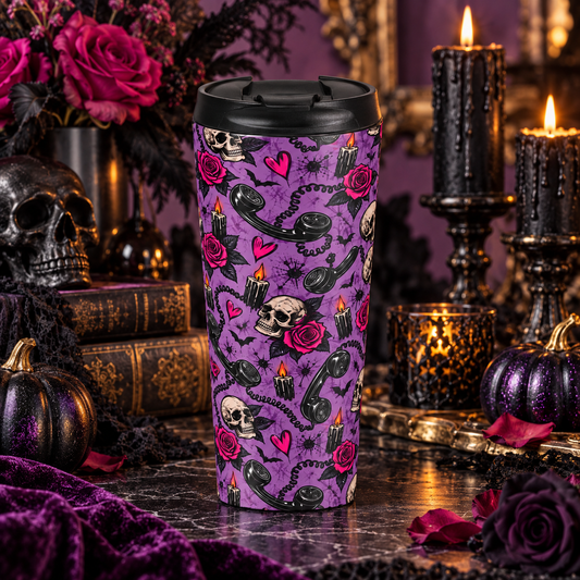 Karma’s Calling 15oz Stainless-Steel Coffee Mug | Gothic Phone & Skull Travel Mug by Subbin4Sanity