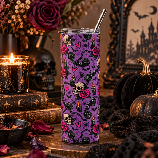 Karma’s Calling Pattern 20oz Stainless Steel Tumbler | Gothic Phone & Skull Drinkware by Subbin4Sanity