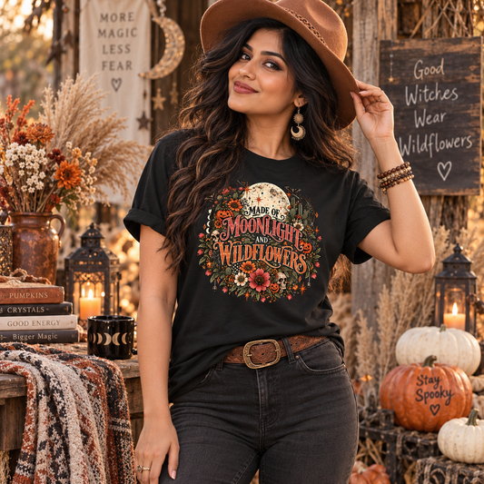 Made Of Moonlight And Wildflowers T-Shirt | Boho Halloween Floral Tee by Subbin4Sanity