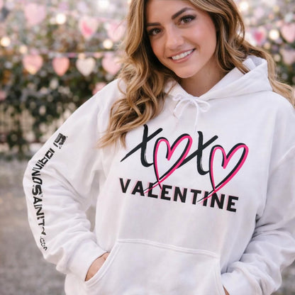 XOXO Valentine Hoodie | Cute Pink Heart Graphic Cozy Pullover by Subbin4Sanity
