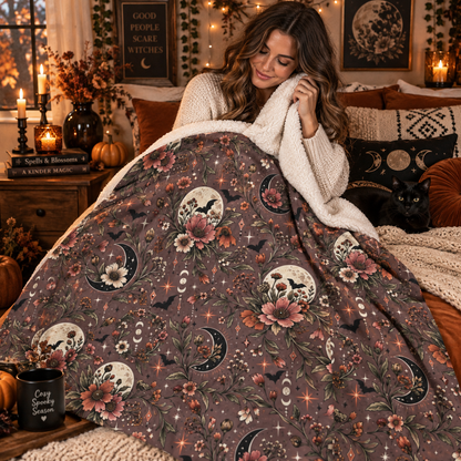 Midnight Wildflowers Sherpa Fleece Blanket | Boho Halloween Floral Throw by Subbin4Sanity