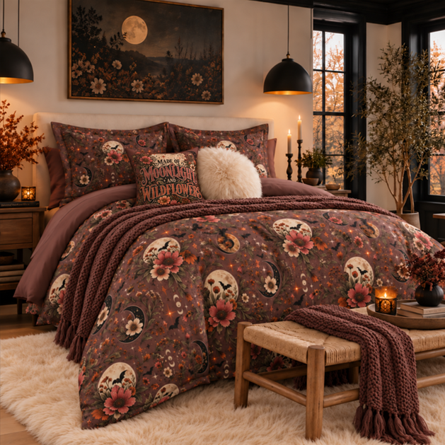 Midnight Wildflowers Comforter | Boho Celestial Floral Halloween Bedding by Subbin4Sanity