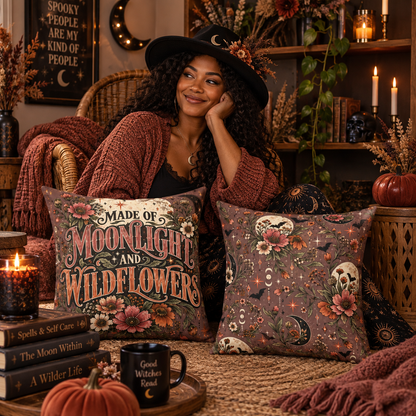 Made Of Moonlight And Wildflowers + Midnight Wildflowers Double-Sided Pillowcase & Insert | Boho Halloween Decor by Subbin4Sanity