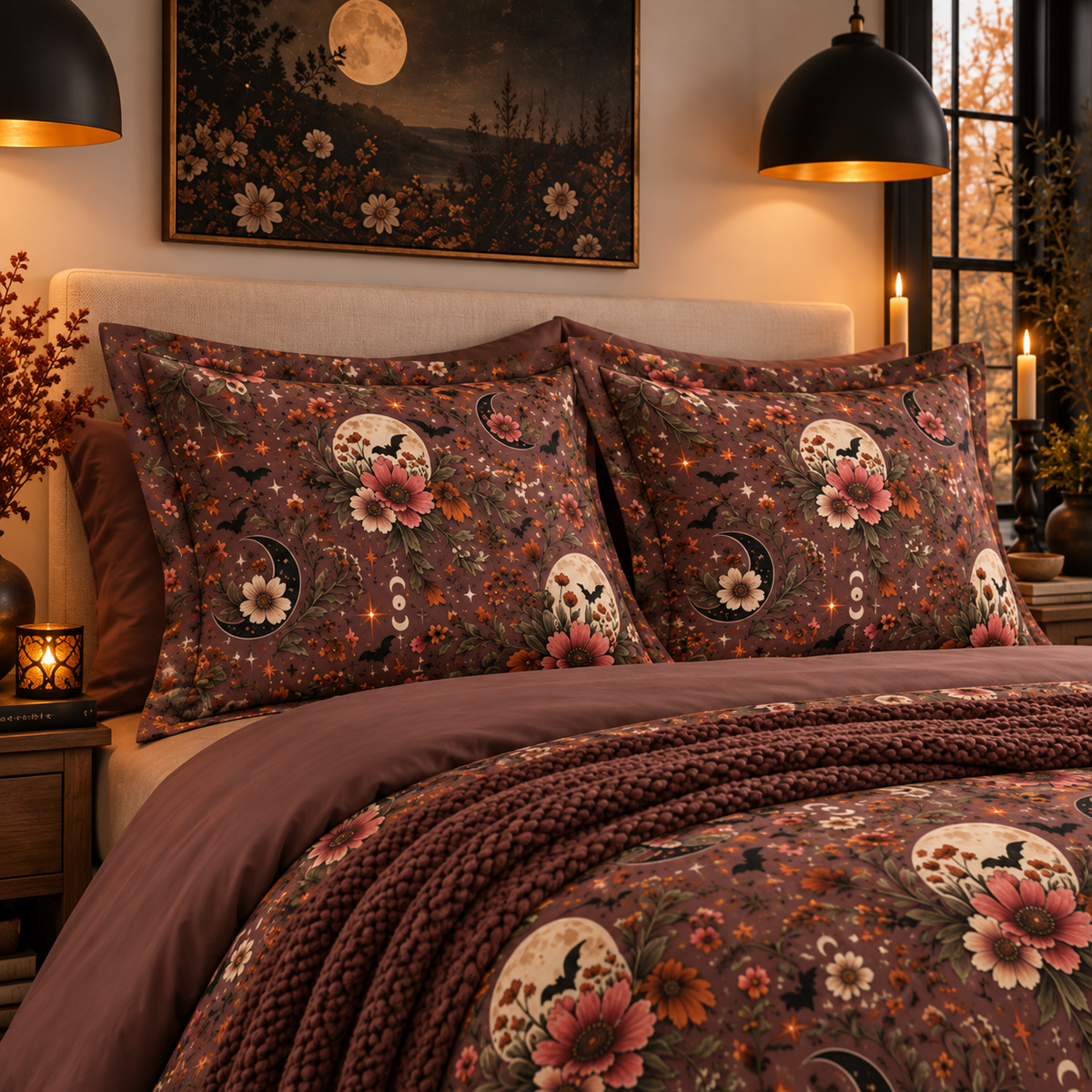 Midnight Wildflowers Pillow Sham | Boho Celestial Floral Halloween Bedding by Subbin4Sanity