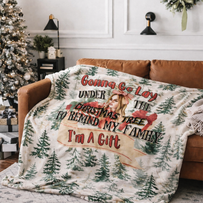 White Christmas sherpa fleece blanket with funny holiday quote and tree pattern