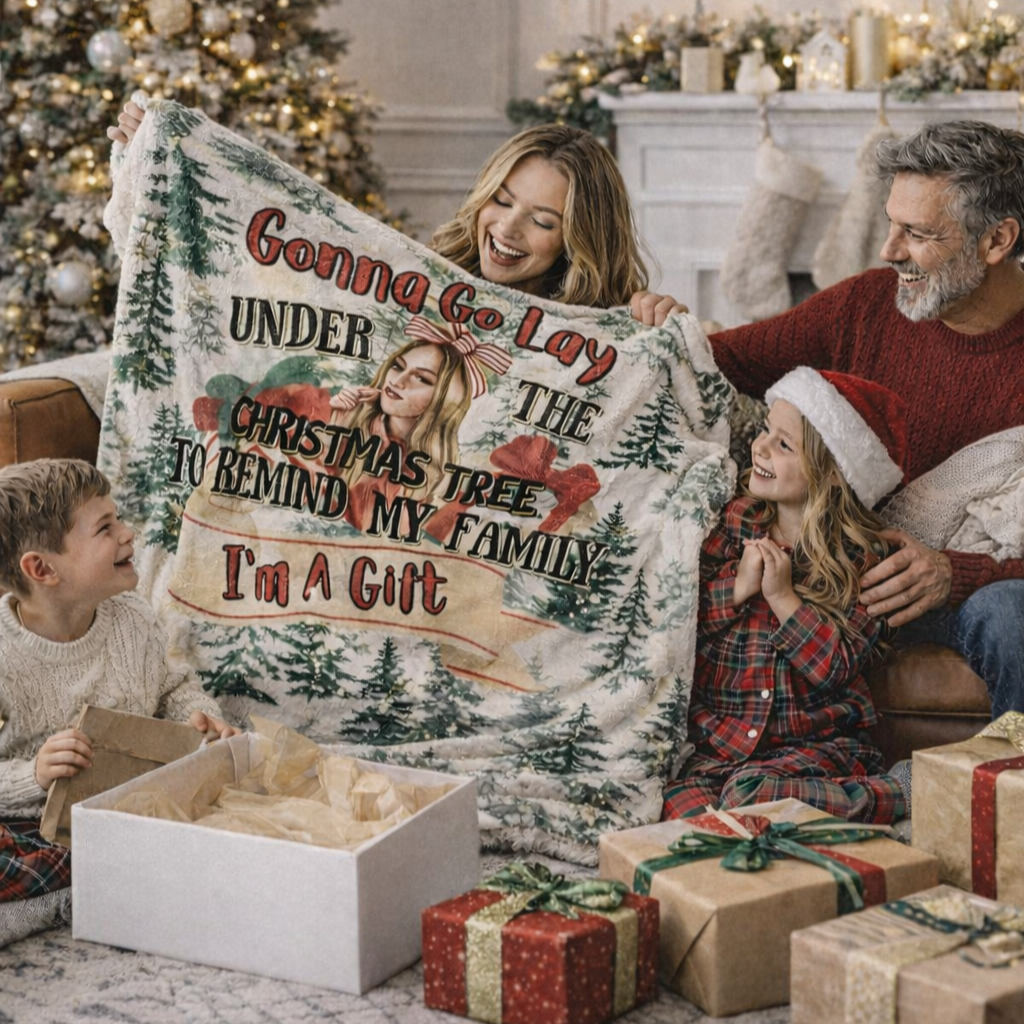White Christmas sherpa fleece blanket with funny holiday quote and tree pattern
