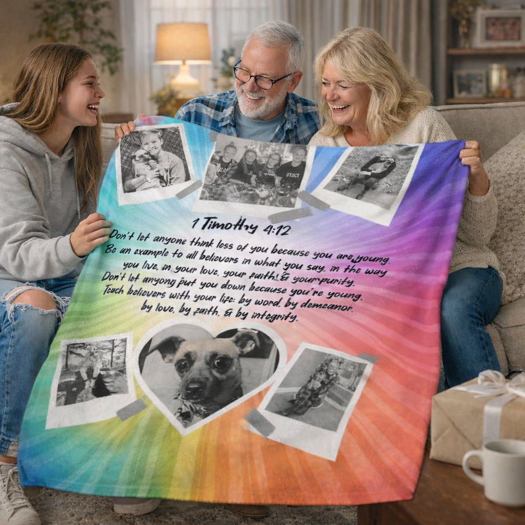 Custom In Memory Of sherpa fleece blanket with photo and Bible verse