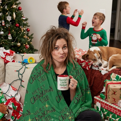 Green Christmas sherpa fleece blanket with star pattern and Merry Christmas Y’all quote