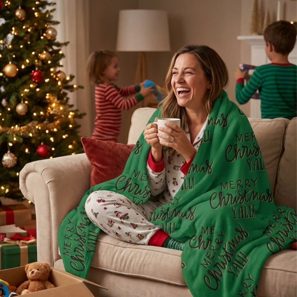 Green Christmas sherpa fleece blanket with star pattern and Merry Christmas Y’all quote