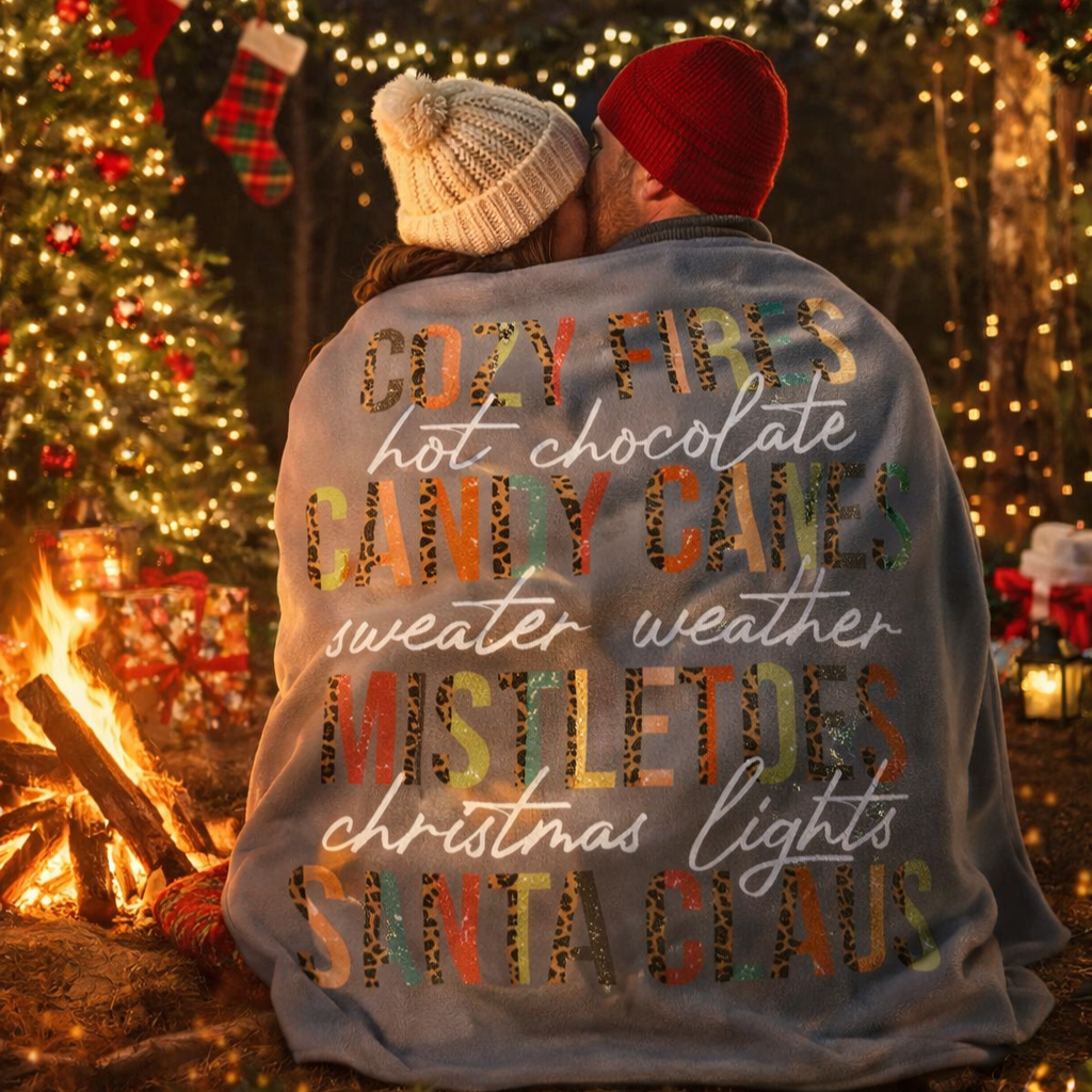Grey Christmas sherpa fleece blanket with cozy holiday word art design