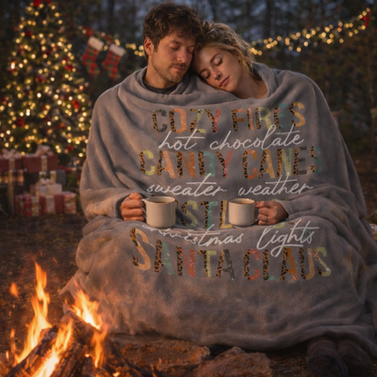 Grey Christmas sherpa fleece blanket with cozy holiday word art design