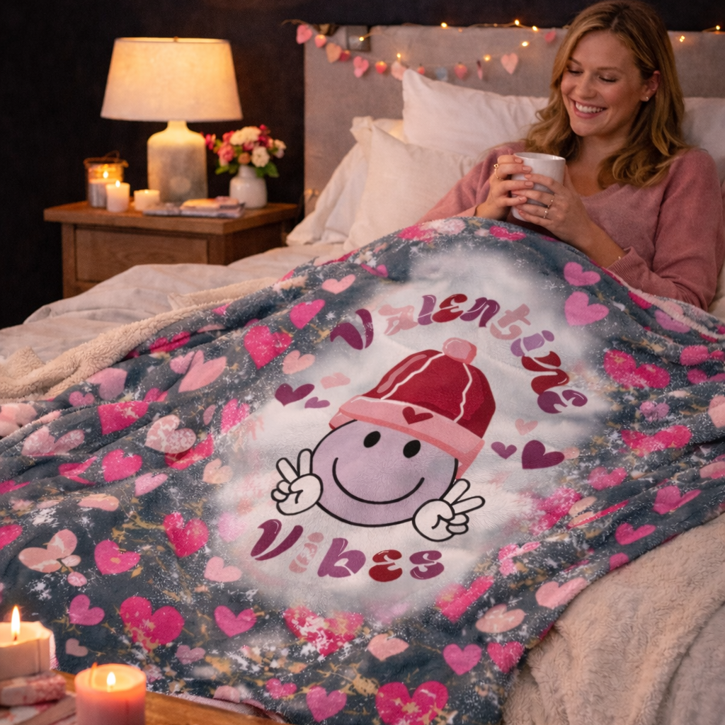 Grey Valentine’s sherpa fleece blanket with Valentine’s Vibes smiley face