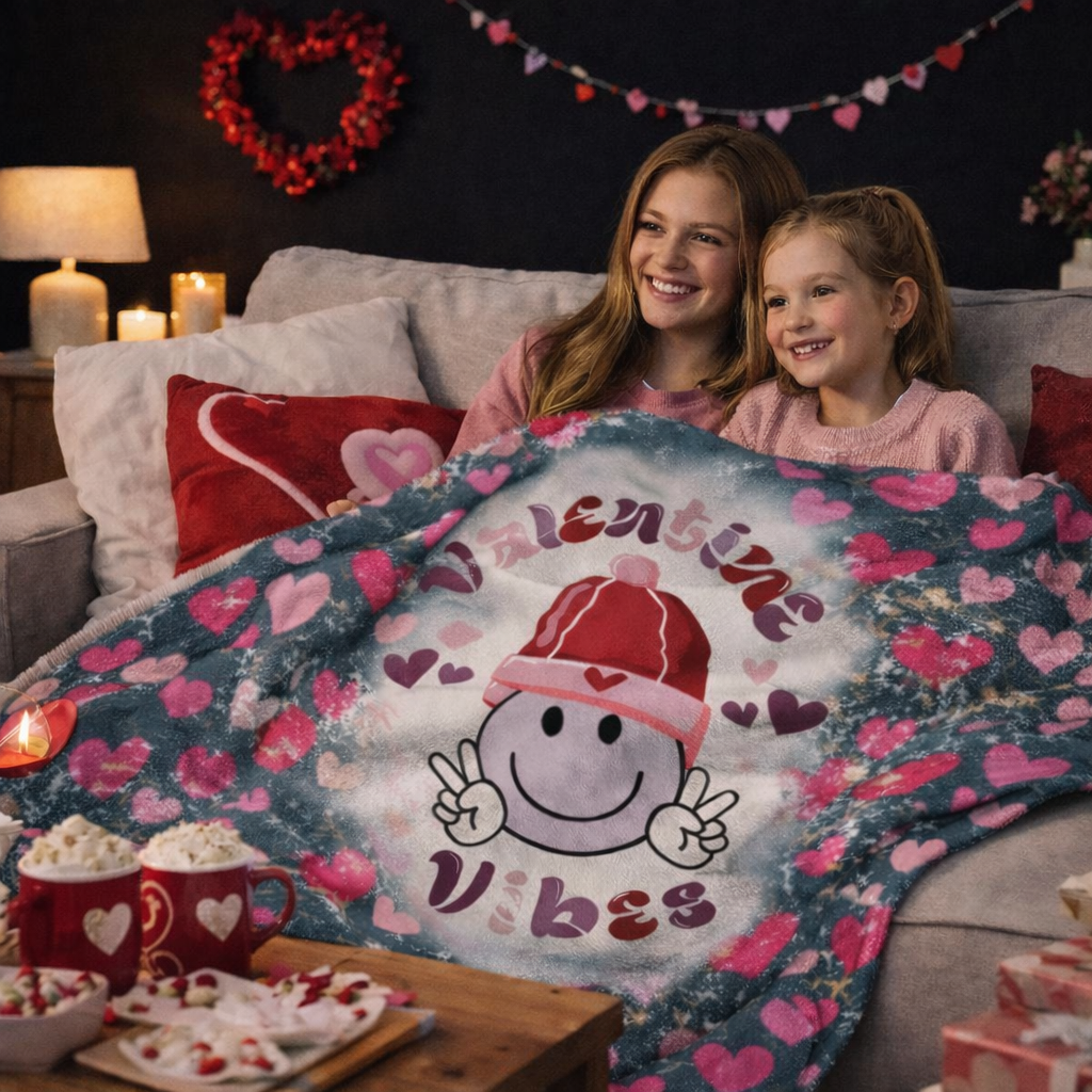 Grey Valentine’s sherpa fleece blanket with Valentine’s Vibes smiley face
