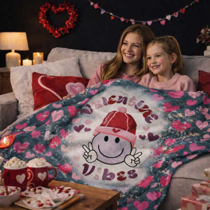 Grey Valentine’s sherpa fleece blanket with Valentine’s Vibes smiley face