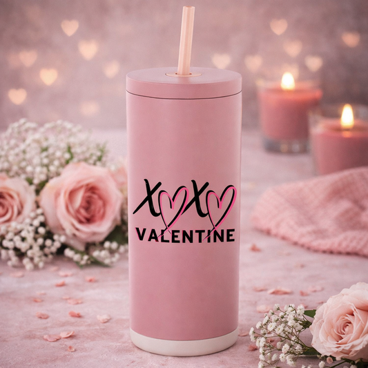 XOXO Valentine 20oz Skinny Tumbler with Straw – Pink 18/8 Stainless Steel Valentine Cup | Hot & Cold Insulated Tumbler