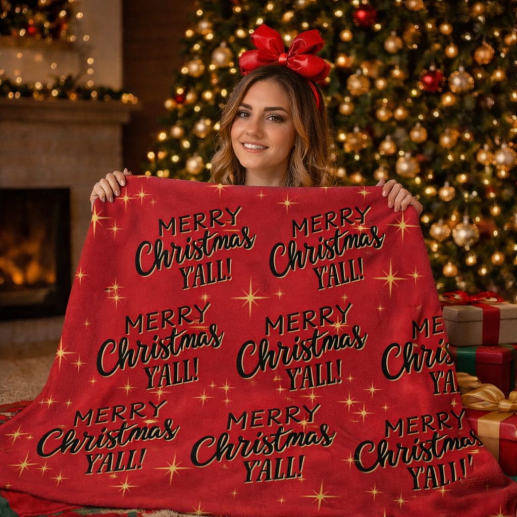 Red Christmas sherpa fleece blanket with star pattern and Merry Christmas Y’all