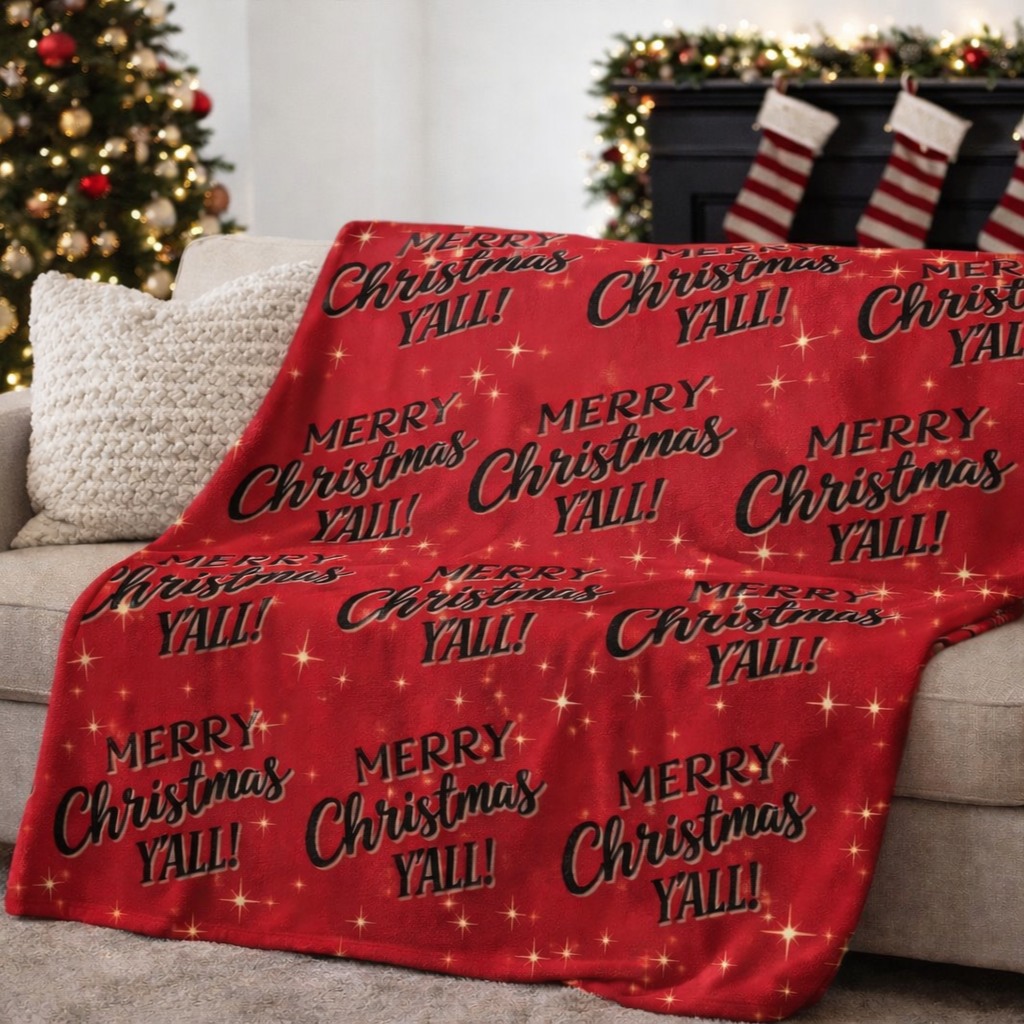 Red Christmas sherpa fleece blanket with star pattern and Merry Christmas Y’all