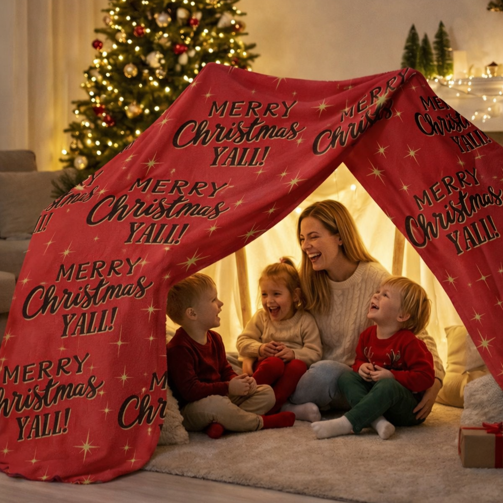 Red Christmas sherpa fleece blanket with star pattern and Merry Christmas Y’all