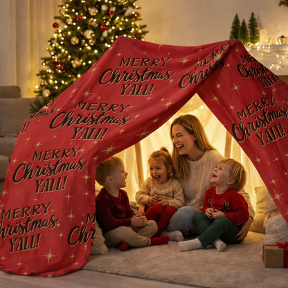 Red Christmas sherpa fleece blanket with star pattern and Merry Christmas Y’all