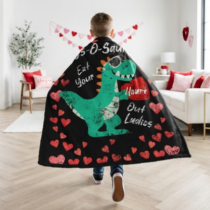 Personalized dinosaur Valentine’s sherpa fleece blanket with custom name