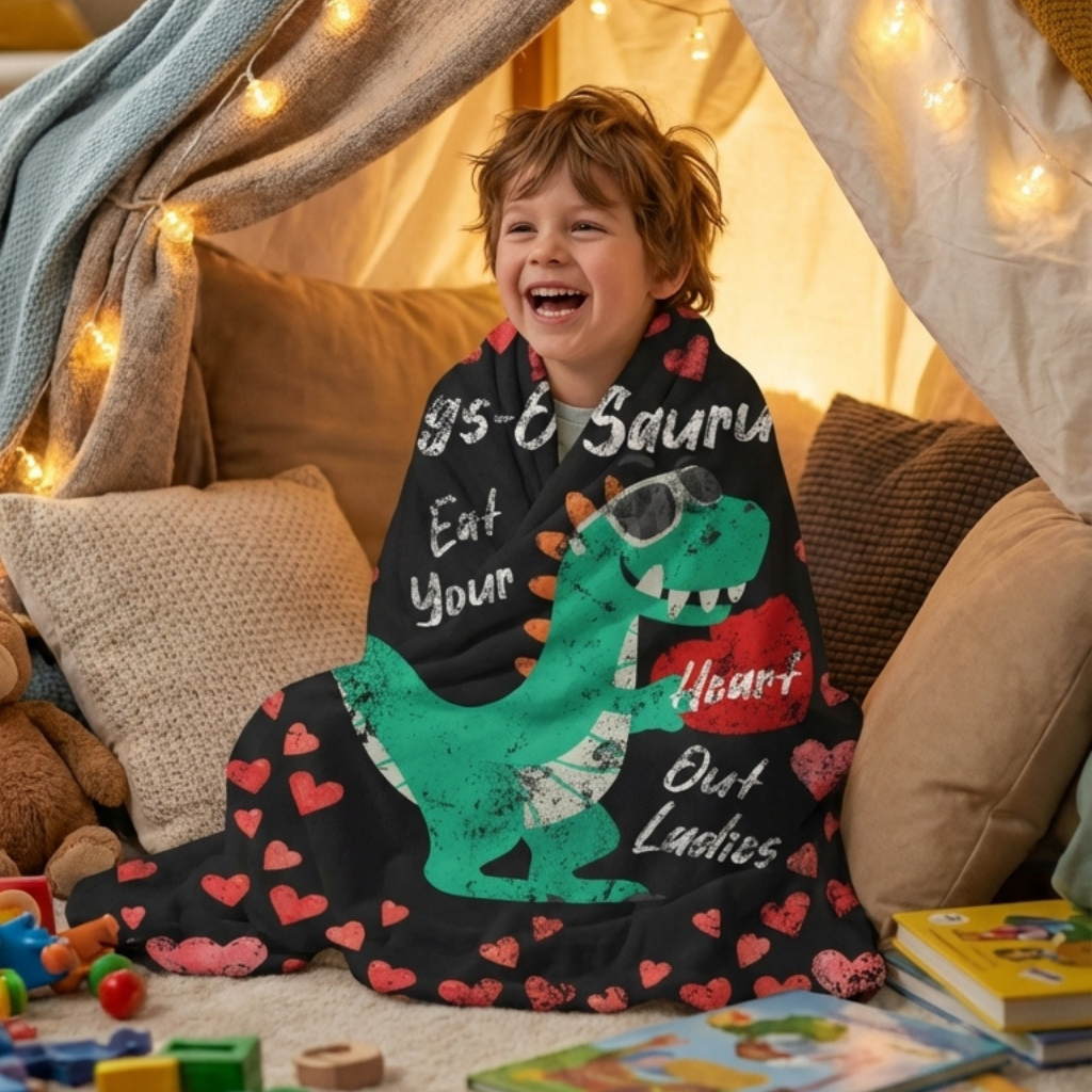 Personalized dinosaur Valentine’s sherpa fleece blanket with custom name