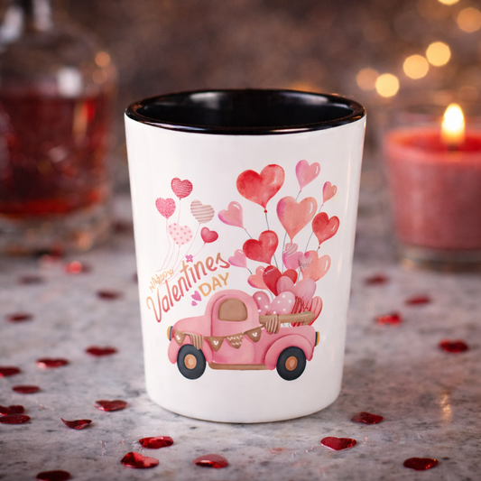 Valentines Shot Glass valentines truck with pink balloons "Happy Valentines Day"