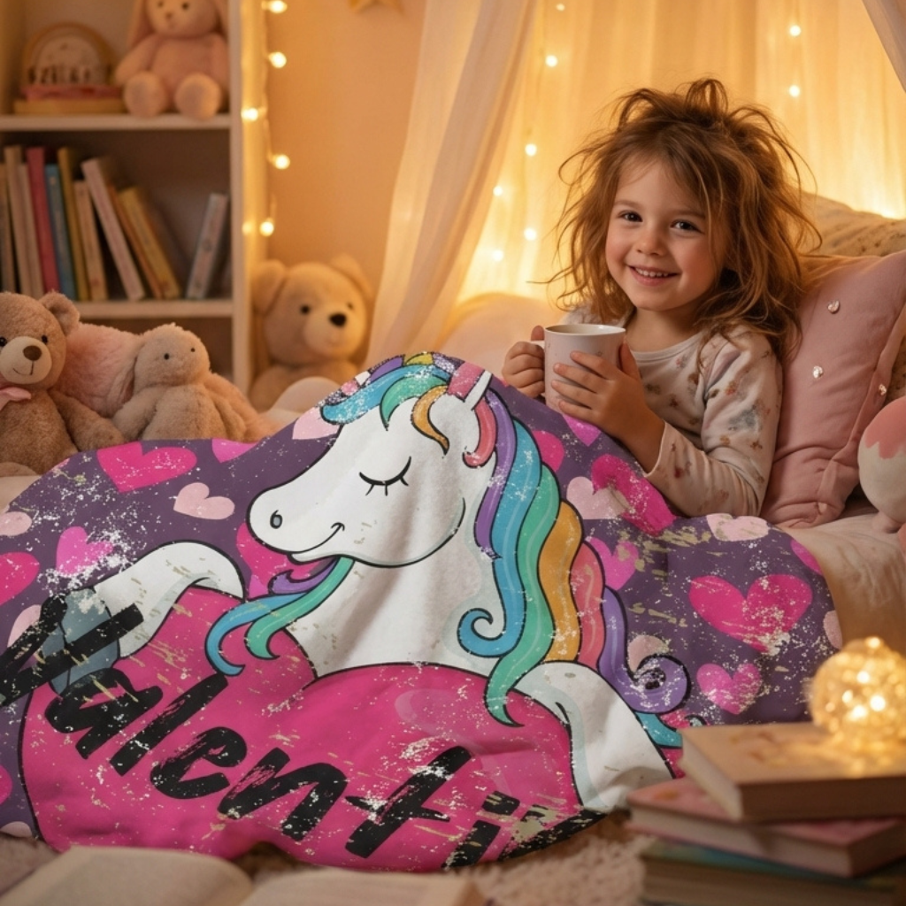 Purple Valentine’s unicorn sherpa fleece blanket with pink hearts
