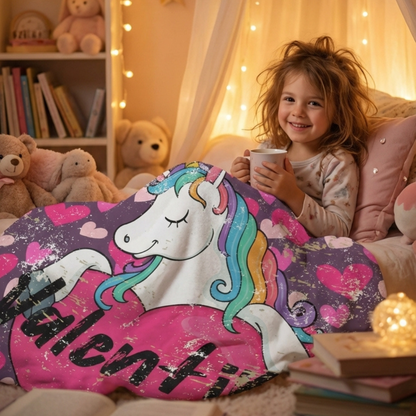 Purple Valentine’s unicorn sherpa fleece blanket with pink hearts