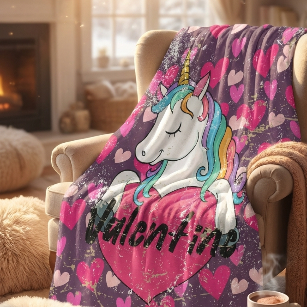 Purple Valentine’s unicorn sherpa fleece blanket with pink hearts
