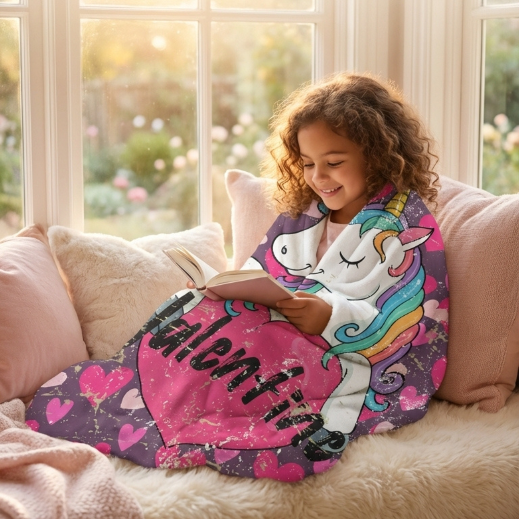 Purple Valentine’s unicorn sherpa fleece blanket with pink hearts
