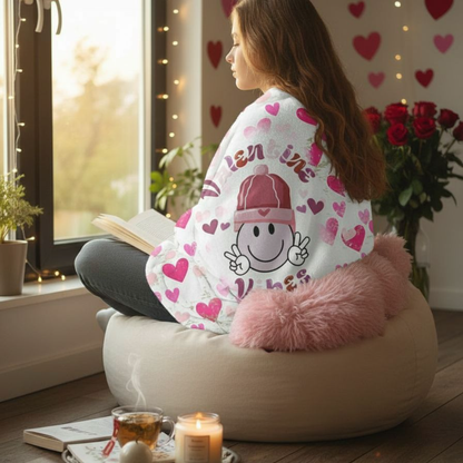 White Valentine’s sherpa fleece blanket with Valentine’s Vibes smiley face