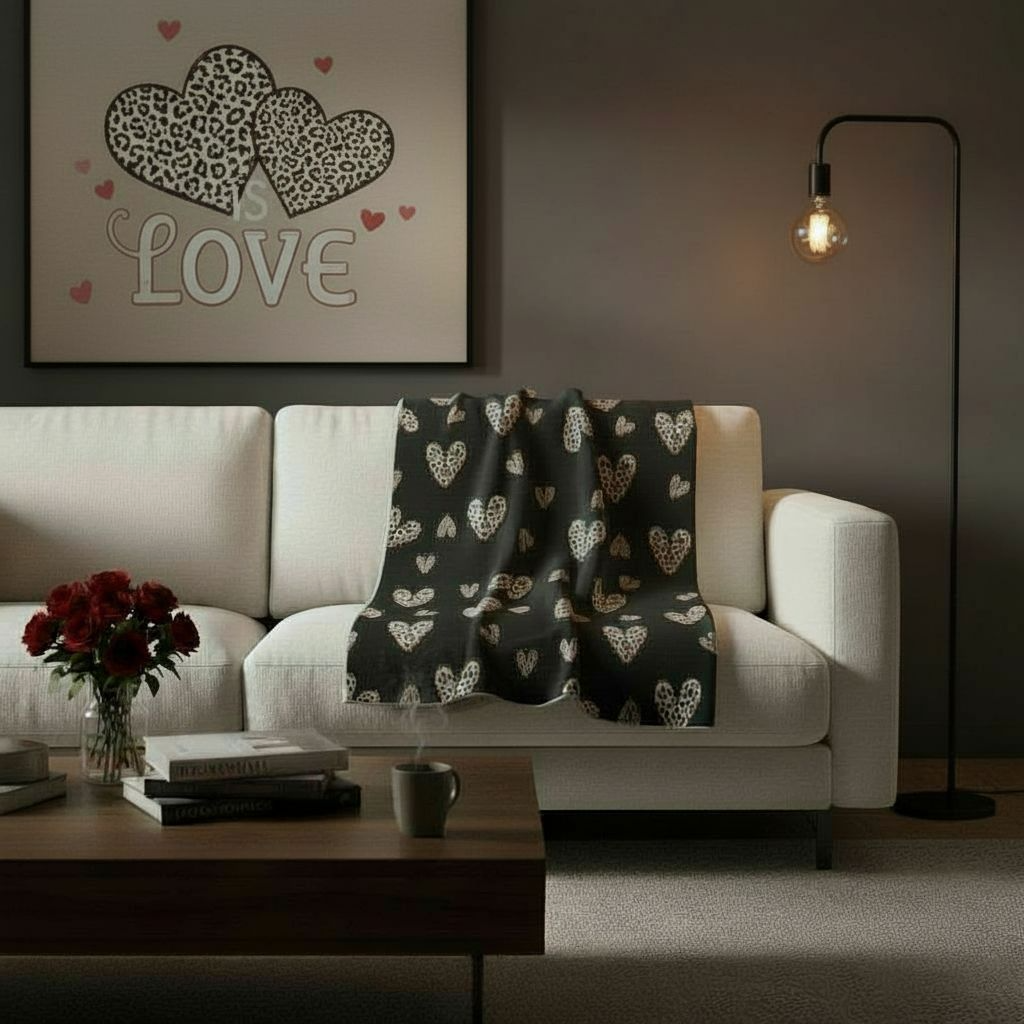 Black Valentine’s sherpa fleece blanket with leopard heart pattern