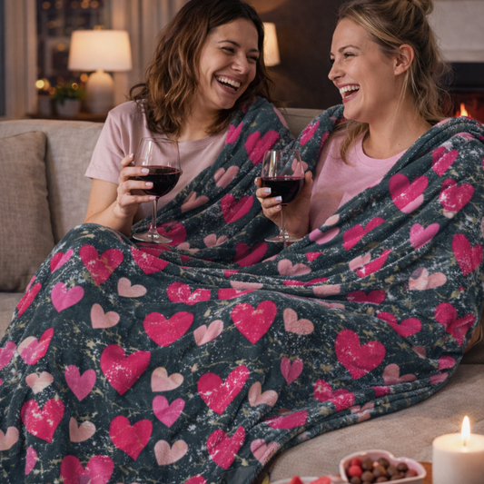 Grey Valentine’s sherpa fleece blanket with pink hearts pattern