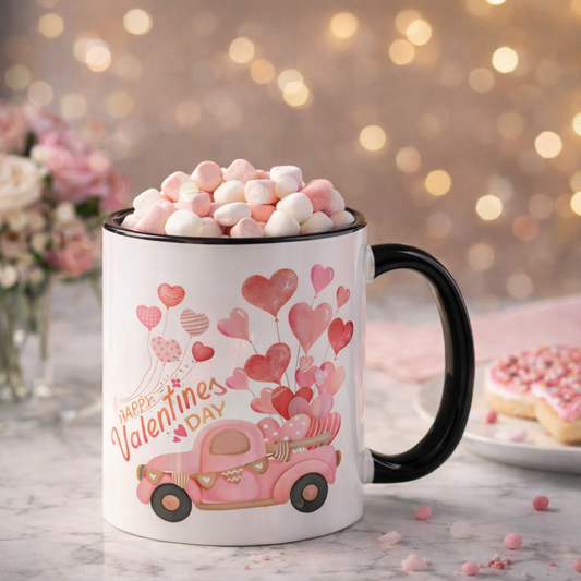 Valentines day truck with heart balloons Mug, 11oz, "Valentines Day"